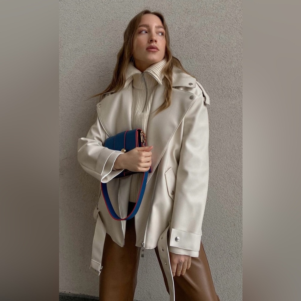 NWT Faux Leather lined warm Elegant Cream Women's Jacket M - Picture 2 of 4